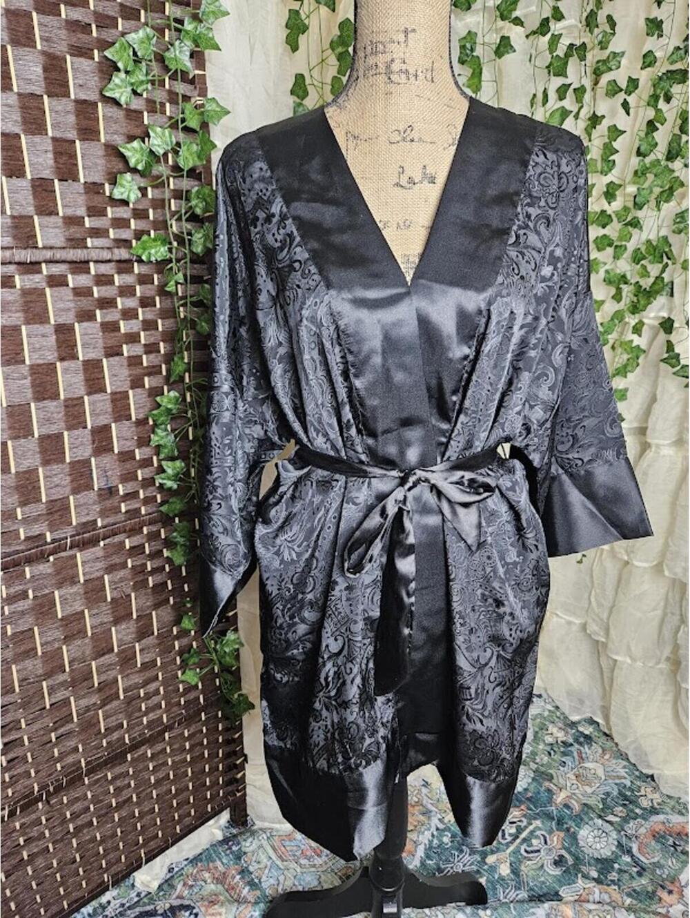 Vintage Victoria’s Secret Gold Label Black Satin Robe Damask Floral Whimsigoth